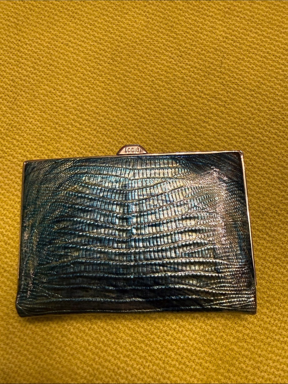 Lodis Iridescent Blue Lizard-Textured Evening Card Holder